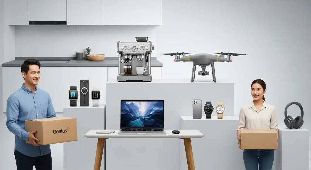 A photo depicting a variety of products neatly arranged on a display, along with a happy customer receiving a package from a delivery person.
