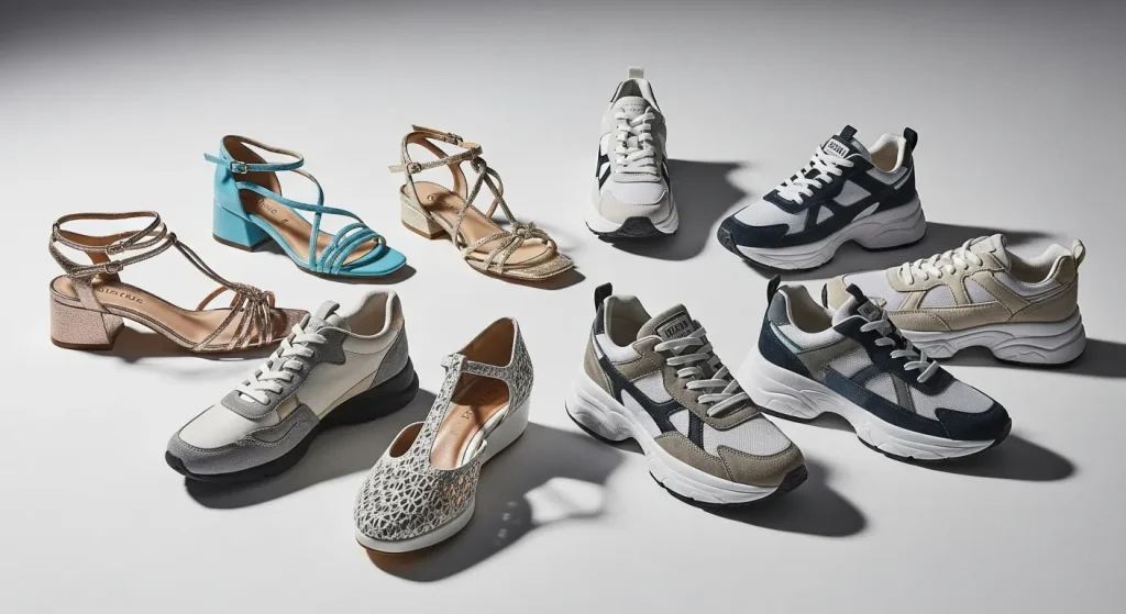 A variety of women's shoes, including sandals and sneakers, are arranged on a neutral background.