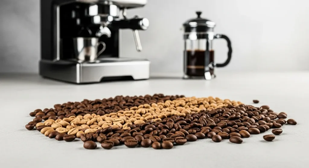 A photograph of a variety of coffee beans, brewing equipment, and accessories neatly arranged on a wooden table.
