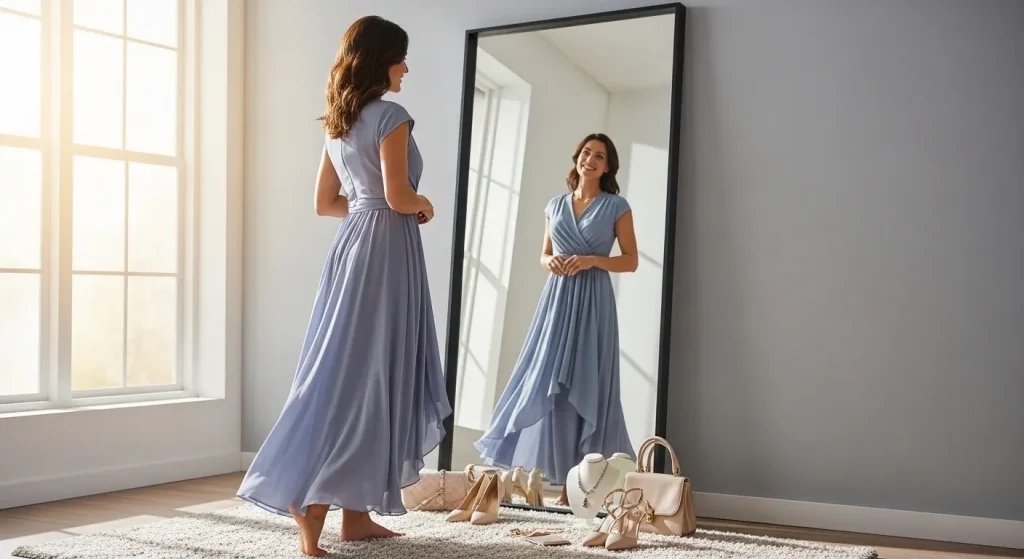 A woman stands before a mirror in a brightly lit room, trying on a dress, with shoes and other clothing items visible nearby.