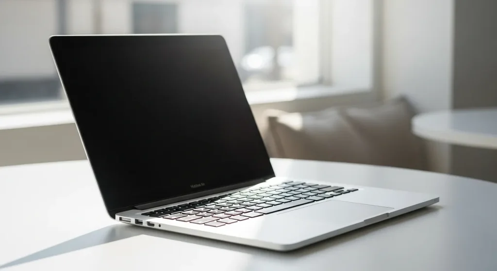 A silver Apple MacBook Air laptop is open on a table, showing the keyboard and screen.