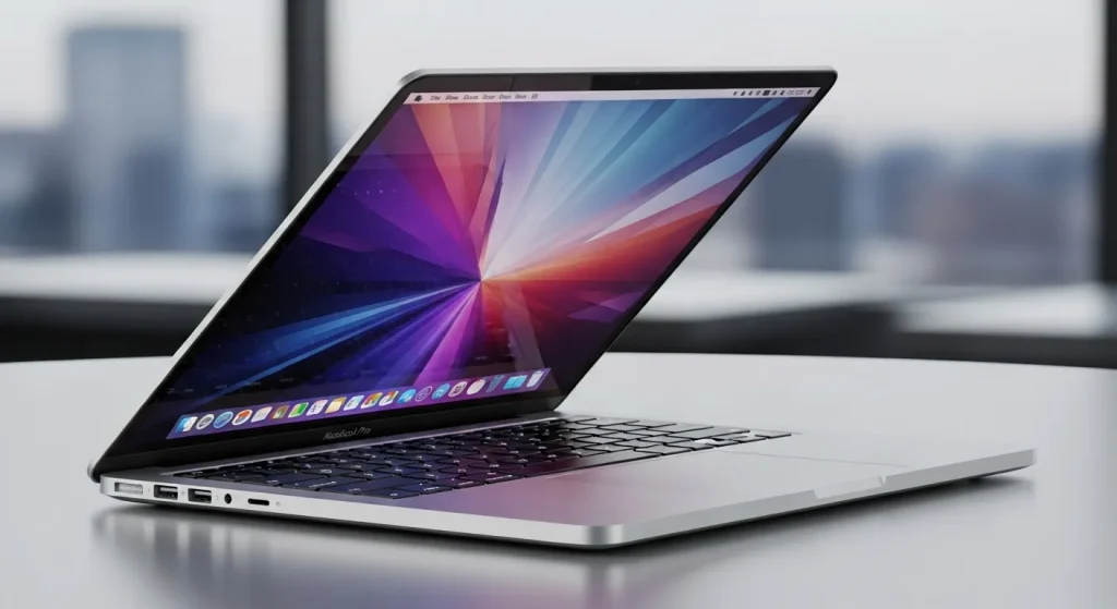 A silver Apple MacBook Pro 14 laptop open on a desk, showing its screen and keyboard.