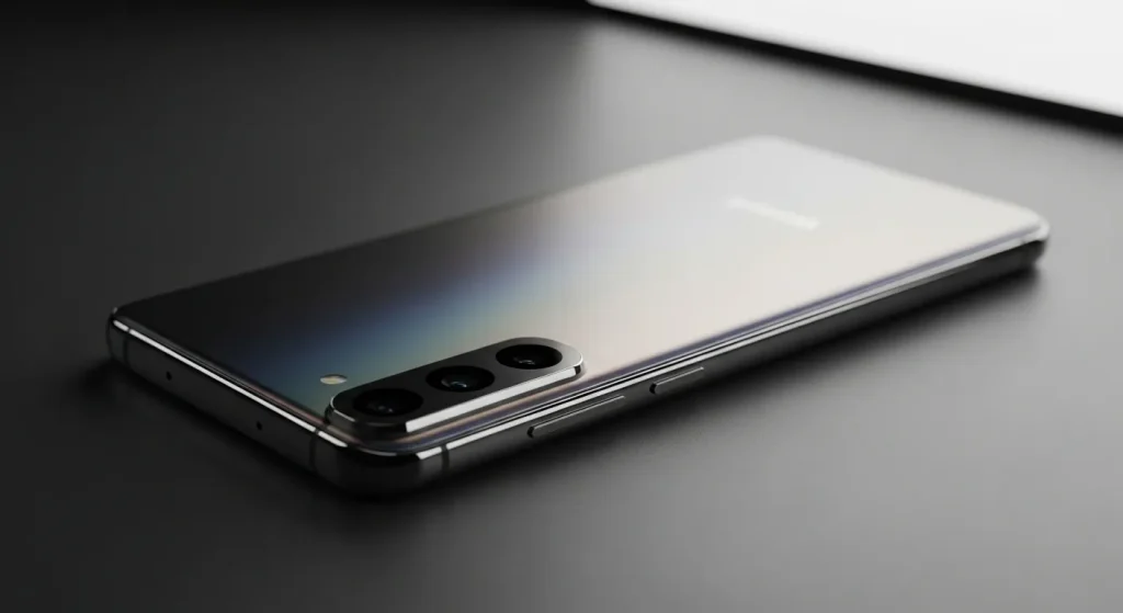 A Samsung Galaxy S21 smartphone, showcasing its metallic frame and camera module, sits on a dark surface.