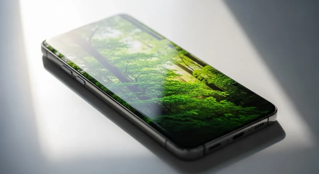 A Samsung Galaxy S22 smartphone sits on a dark surface, its screen displaying an image.