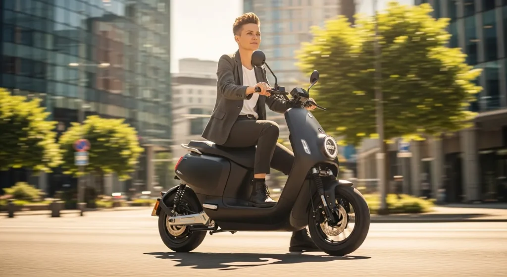 A person riding a modern electric scooter through a city street.