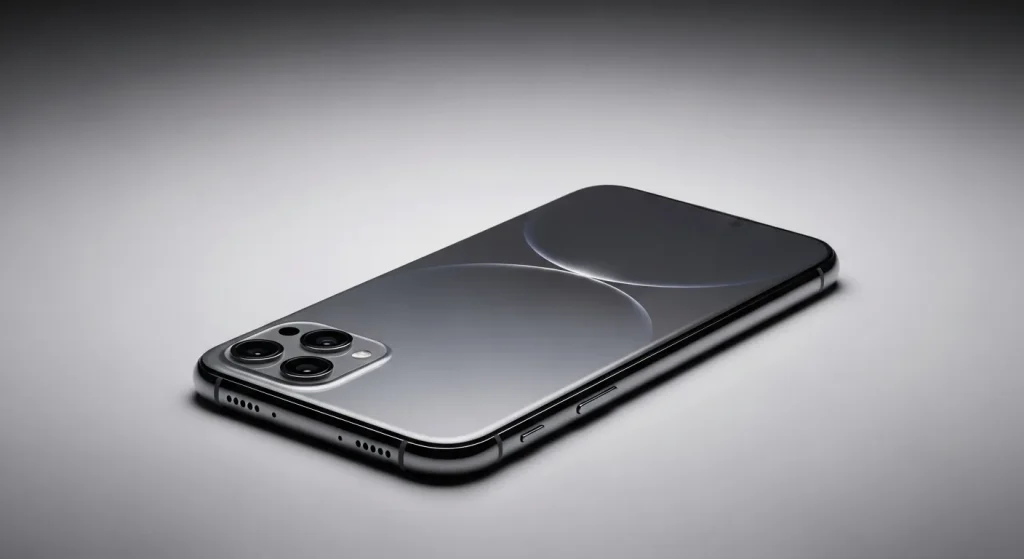 A smartphone rests on a minimalist table, showcasing its sleek design and screen.