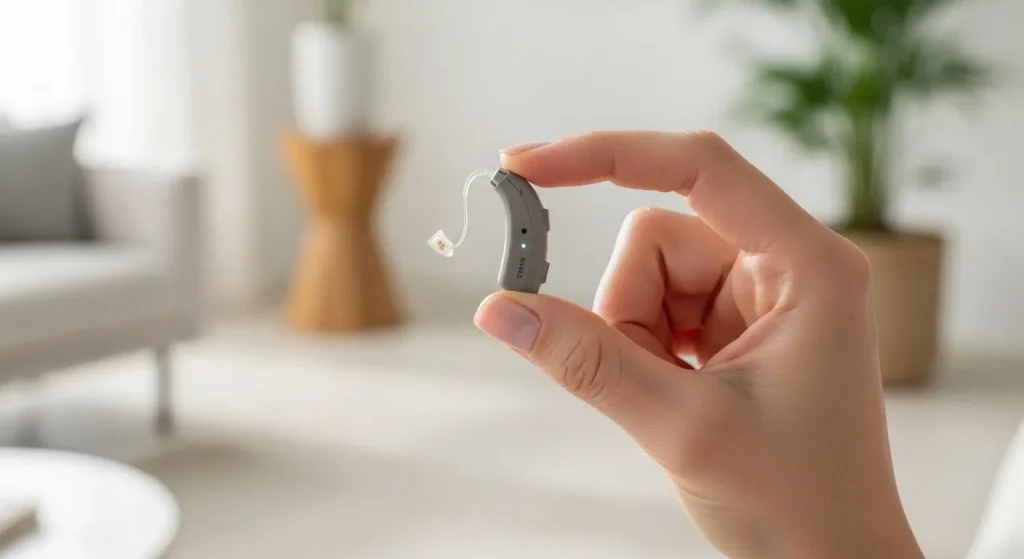 A close-up of a small, modern, rechargeable hearing aid in a person's hand.