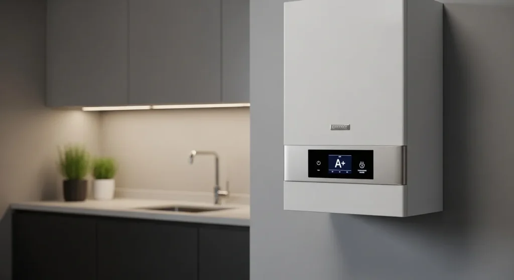 A modern, wall-mounted gas condensing boiler with a digital display, installed in a kitchen.