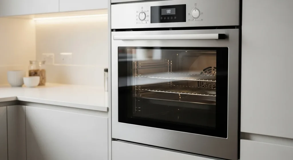 A modern stainless steel built-in electric oven with a large window and digital control panel, situated in a contemporary kitchen.