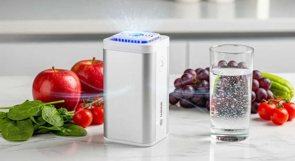 A small ozone generator on a table next to a glass of water, fresh fruit, and vegetables.