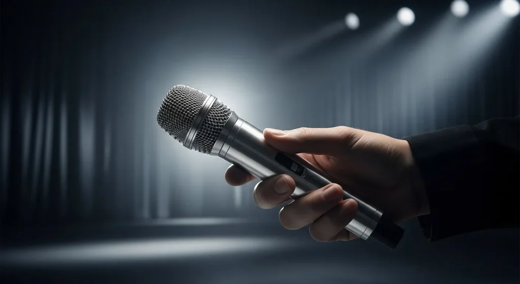A person's hand holding a wireless handheld microphone on a stage.