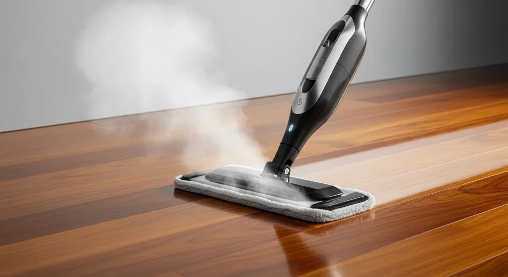 A steam mop with an ergonomic handle cleans a variety of floor surfaces.