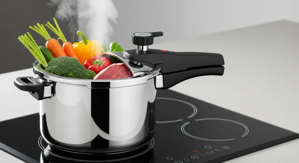 A stainless steel pressure cooker with a glass lid sits on a modern induction cooktop; steam escapes from a pressure release valve.