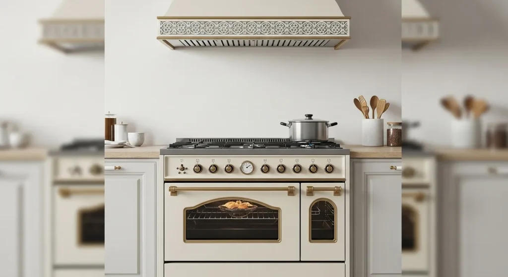 A cream-colored stovetop and oven set with a matching range hood in a modern kitchen.