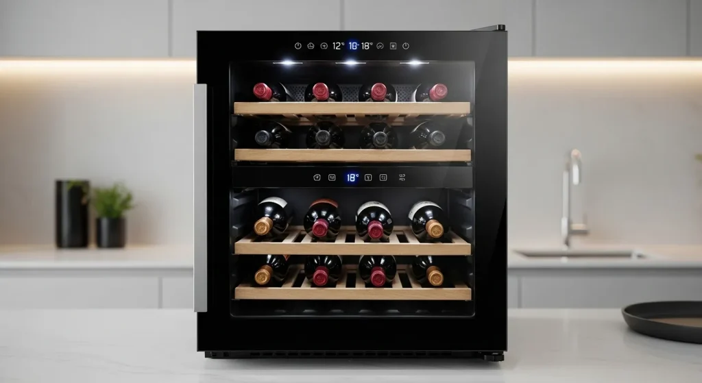A black wine cooler with a glass door, displaying twelve bottles of wine on sloped shelves, illuminated by interior LED lights.