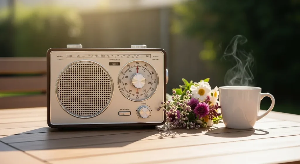 A classic-style portable radio with a wooden-like finish sits on a wooden table outdoors, next to a mug and flowers.