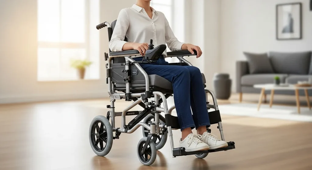 A person sits in a foldable aluminum wheelchair.