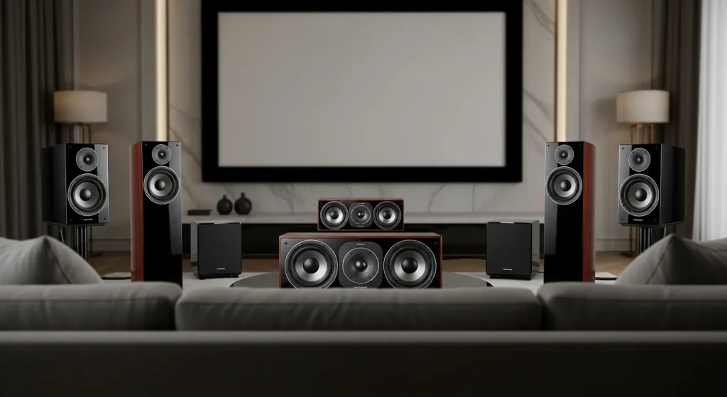 A home theater setup with multiple speakers arranged around a viewer, including a soundbar and subwoofer.