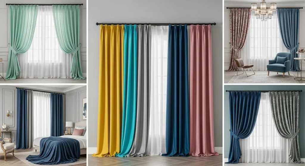 Various curtains and drapes in different colors and textures hang in various rooms.