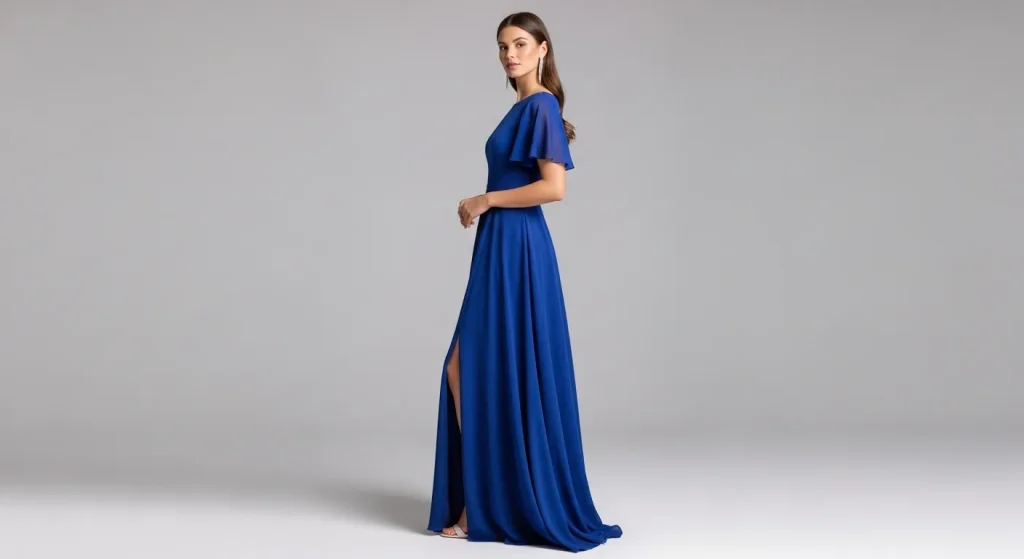 Several elegant dresses for a mother of the bride or groom, including floor-length and midi styles in various colors and fabrics.