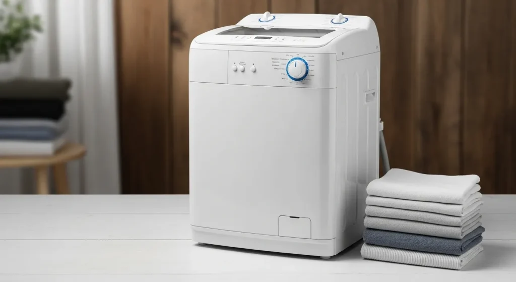 A white, single-basin semi-automatic washing machine with a control dial and timer sits on a wooden surface next to a stack of folded laundry.
