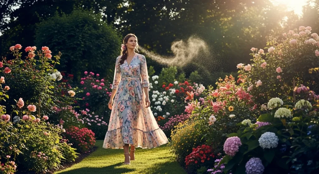 A woman in a dress walks through a garden filled with flowers.