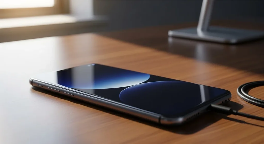 A smartphone lies on a wooden surface, partially illuminated by sunlight.